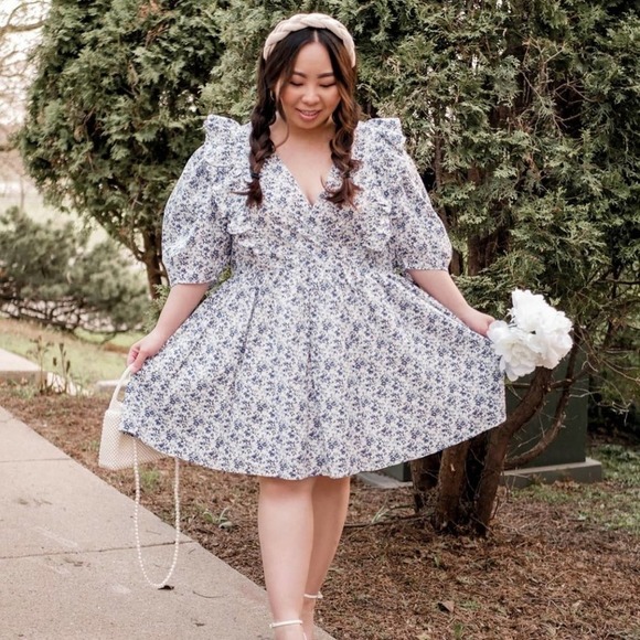 H&M Delicate Floral Cottegecore Puff Sleeve Flounce Trim Dress - M - Picture 7 of 8